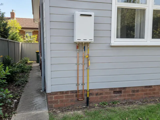 Wall mounted hot water unit on weatherboard exterior wall beside a window in a suburban yard in Rockdale